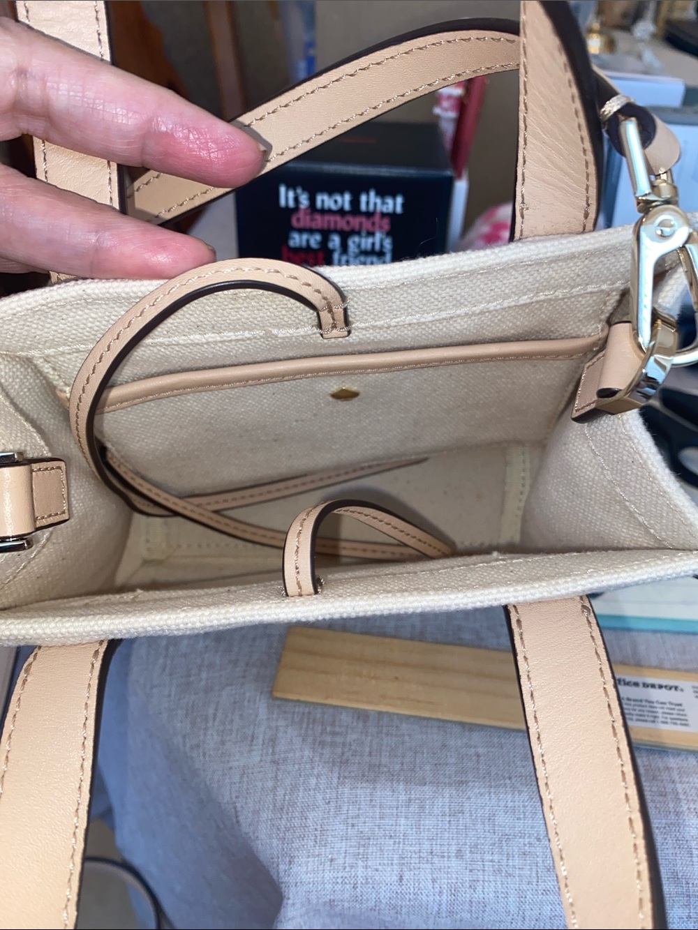 kate spade Navy and Cream Striped Crossbody with Blush Handles 71/2”x 6”tall - Picture 3 of 4
